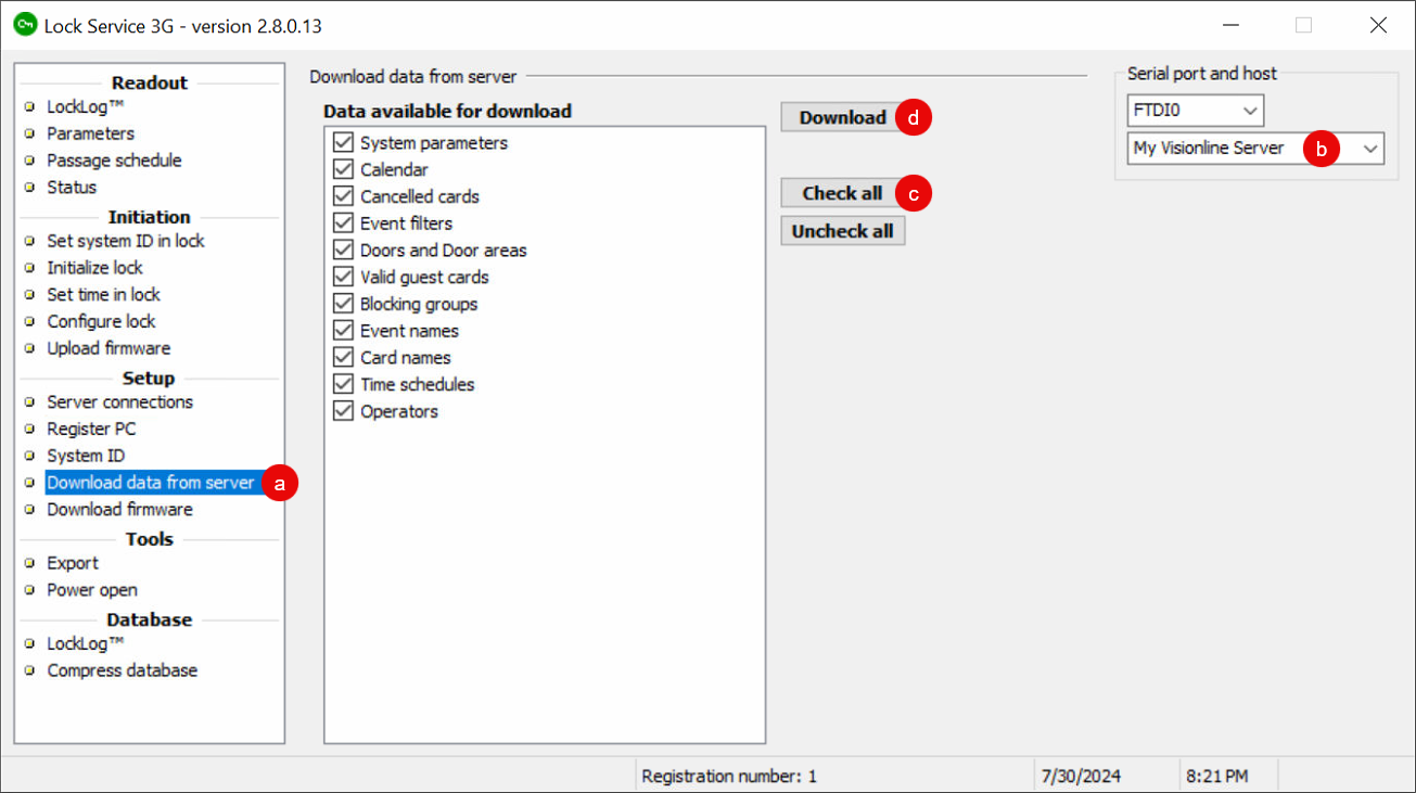 Download the door lock data from the Visionline server to Lock Service 3G.