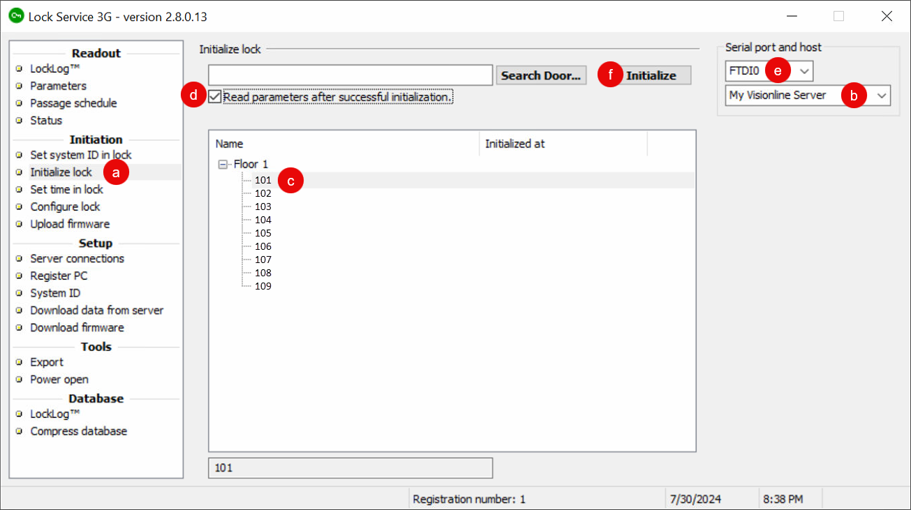 Connect Lock Service 3G to each lock and initialize it.