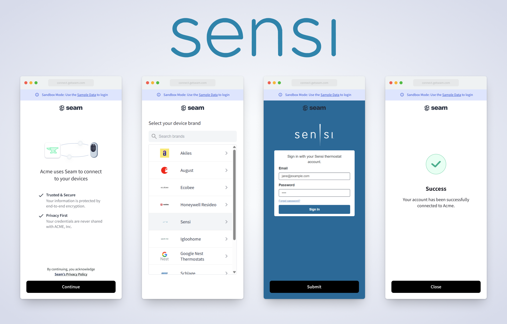 Use the Seam Connect Webview authorization flow to connect an ecobee account with Seam. This flow varies slightly based on the device manufacturer.