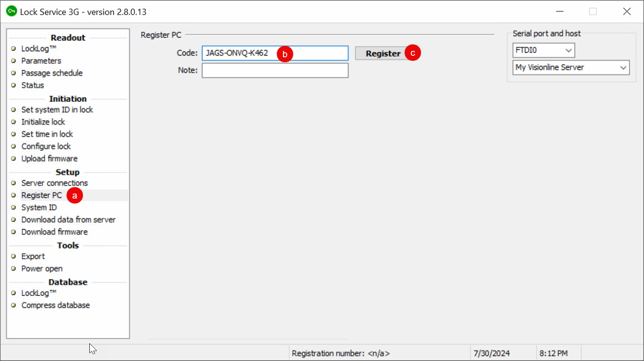 Use the registration code from the Visionline application to register Lock Service 3G.