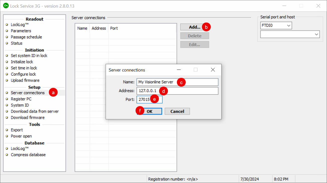 Add the connection between Lock Service 3G and the Visionline server.