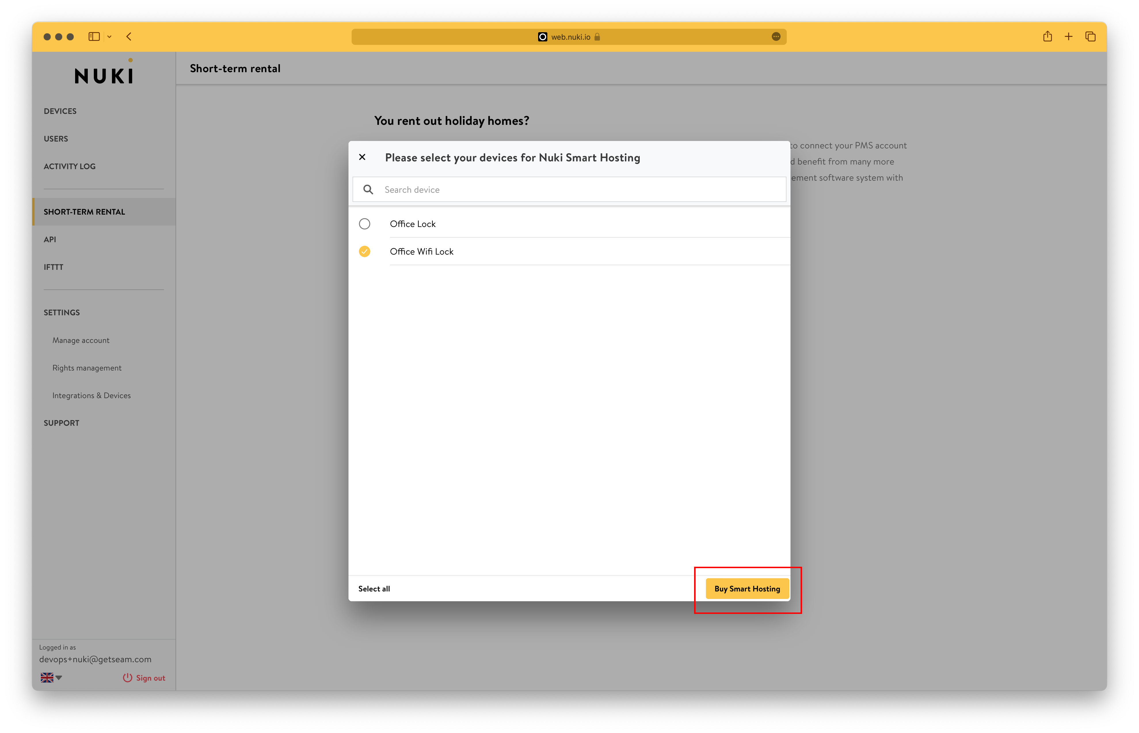 Select the devices for which you want to be able to program access codes and then click Buy Smart Hosting.