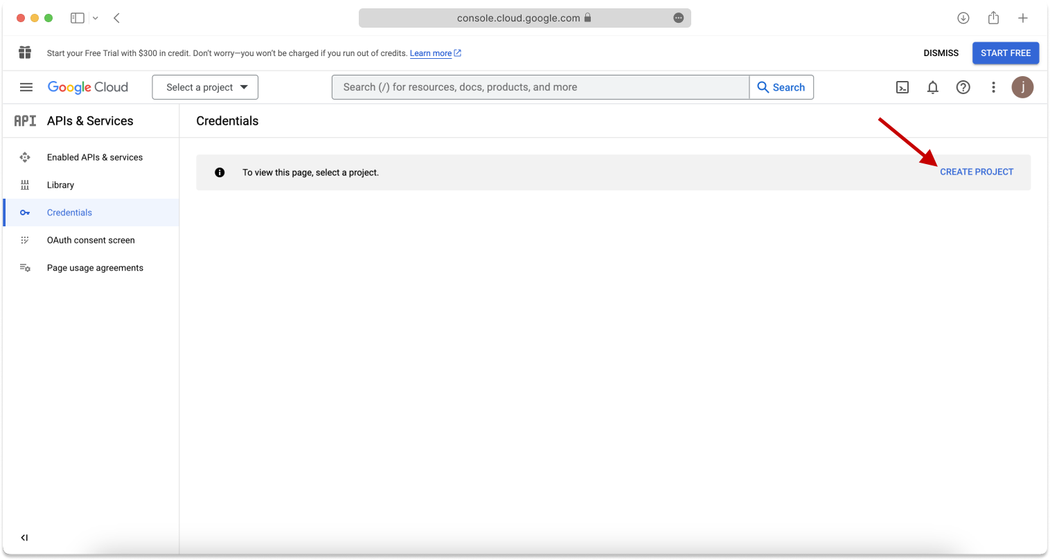 On the Google Cloud Credentials page, click Create Project.