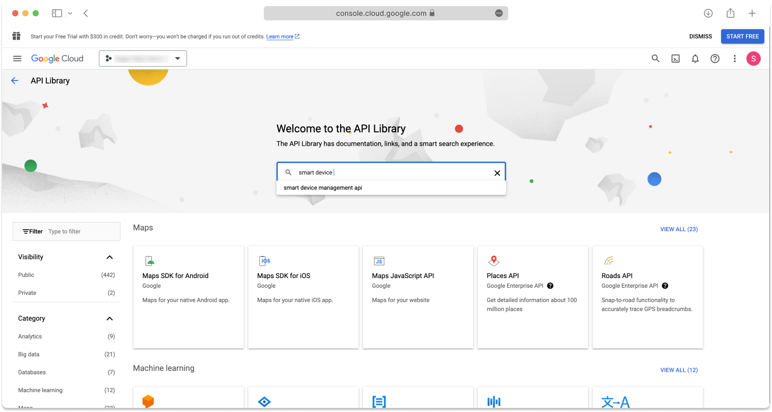 In the search box on the Google Cloud API Library welcome page, type Smart Device Management API and then press Enter.