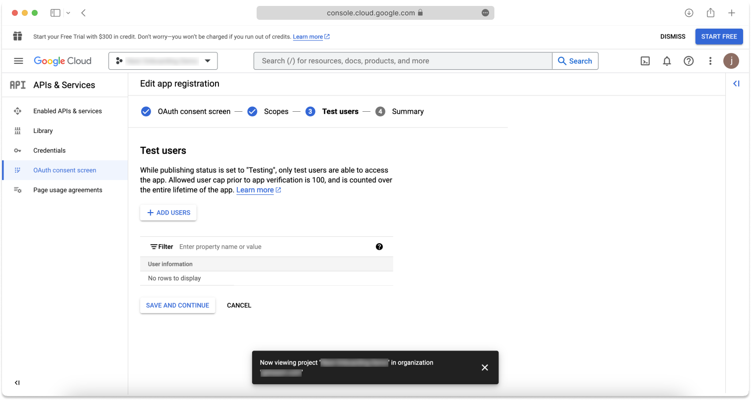 On the Google Cloud Test Users page, click Add Users, add the Google account associated with a Nest thermostat as a test user, and then click Save and Continue.