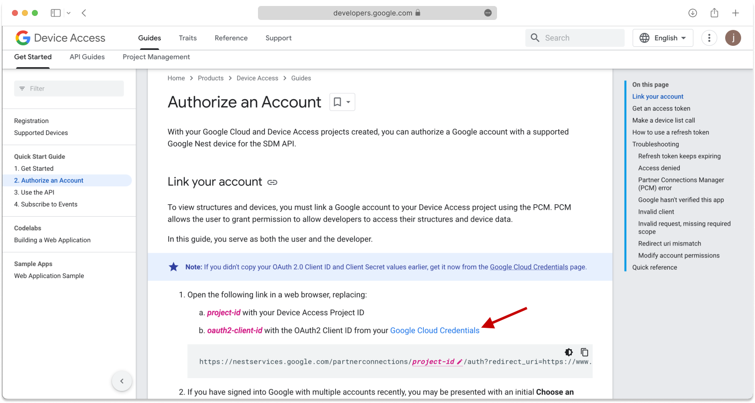 Google Device Access Console Authorize an Account page