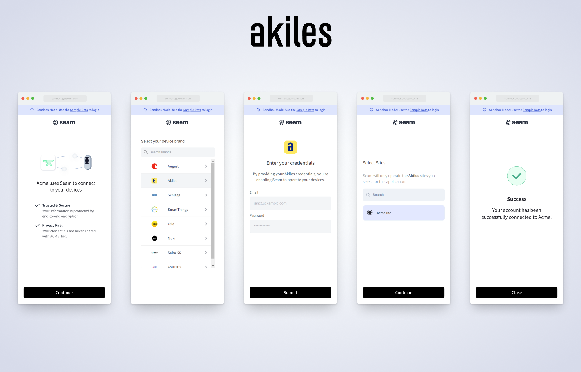 Use the Seam Connect Webview authorization flow to connect an Akiles account with Seam. This flow varies slightly based on the device manufacturer.