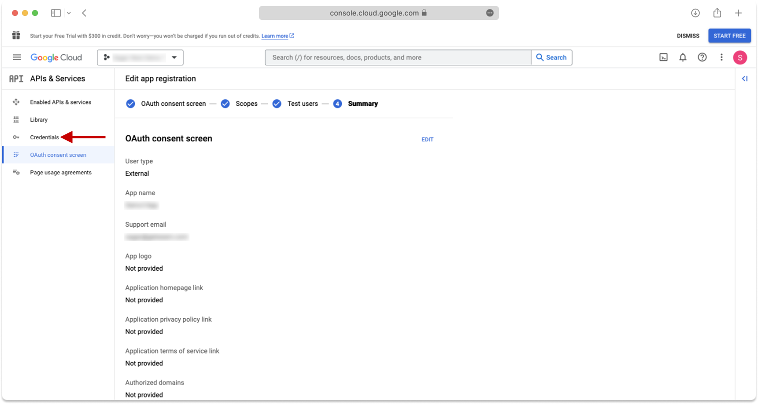 In the left navigation pane of the Google Cloud Summary page, click Credentials.