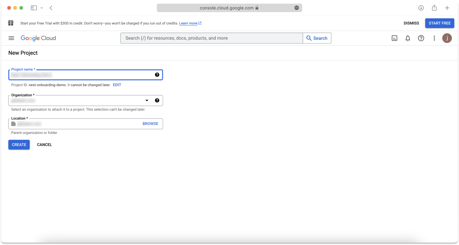 In the Google Cloud New Project page, type a name for the new project, specify the organization and location, and then click Create.
