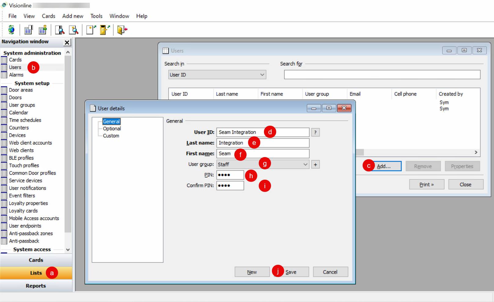 Add a Visionline user for the connection with Seam.