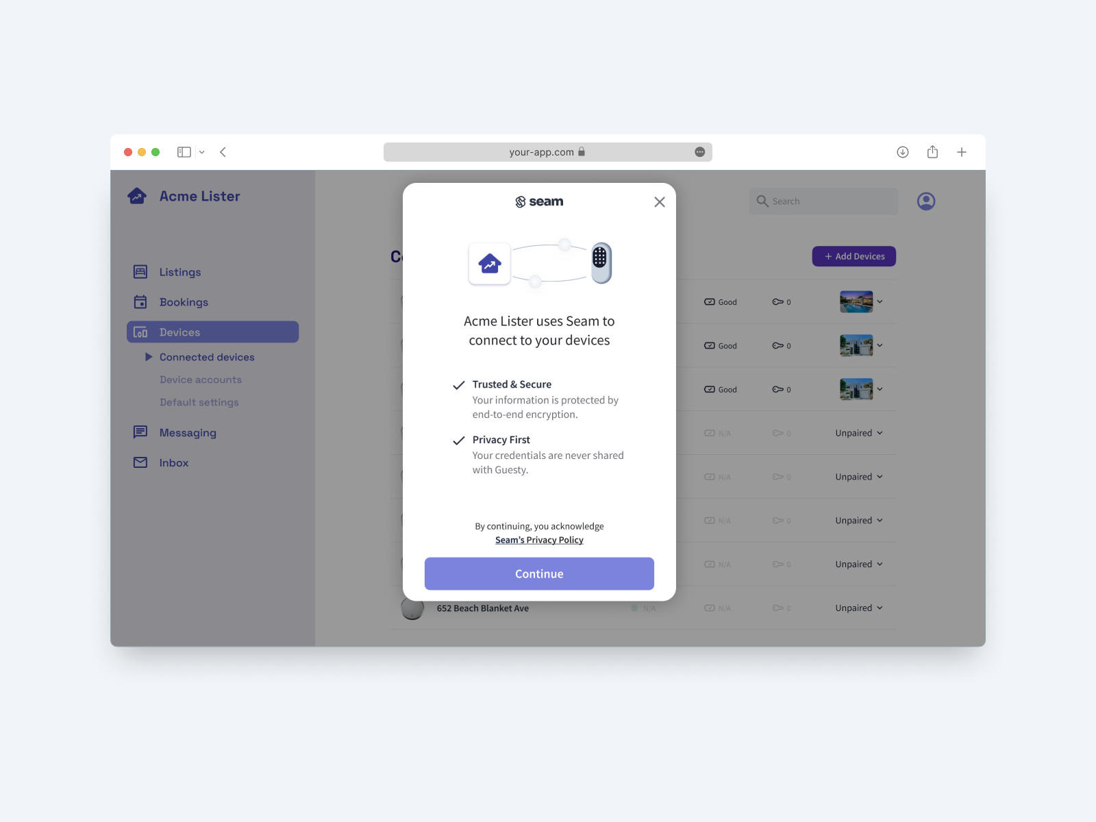 Seam makes it easy for your users to authorize your app to control their devices using the Seam API.
