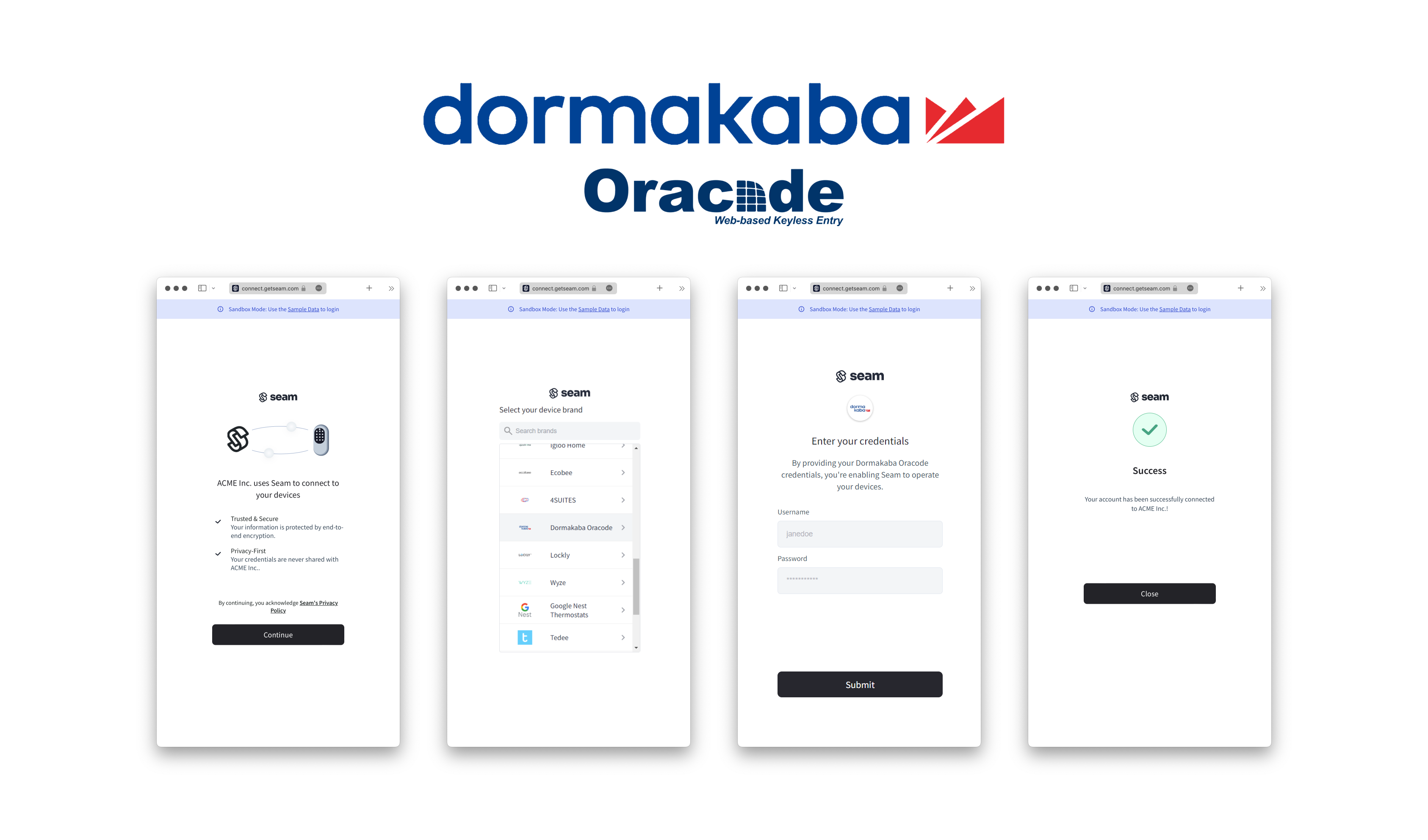 Seam Connect Webview flow to connect dormakaba Oracode account with Seam