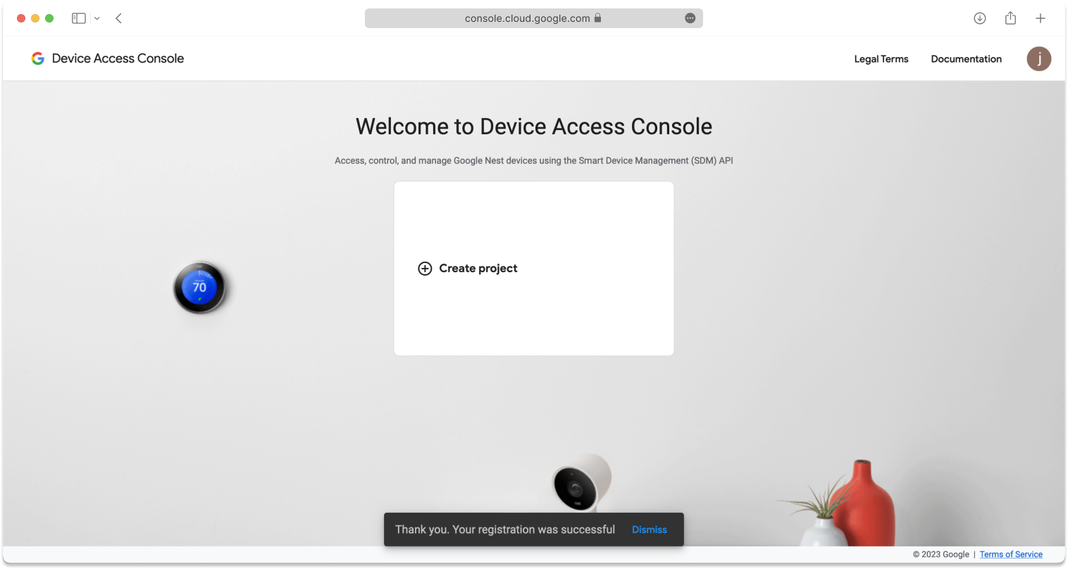 Google Device Access Console Welcome page