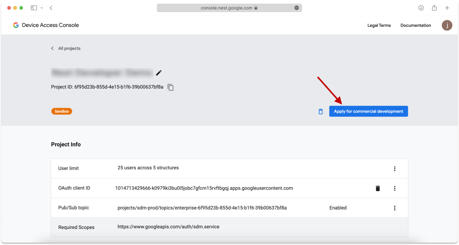 On the Google project information page for your new project, click Apply for commercial development.