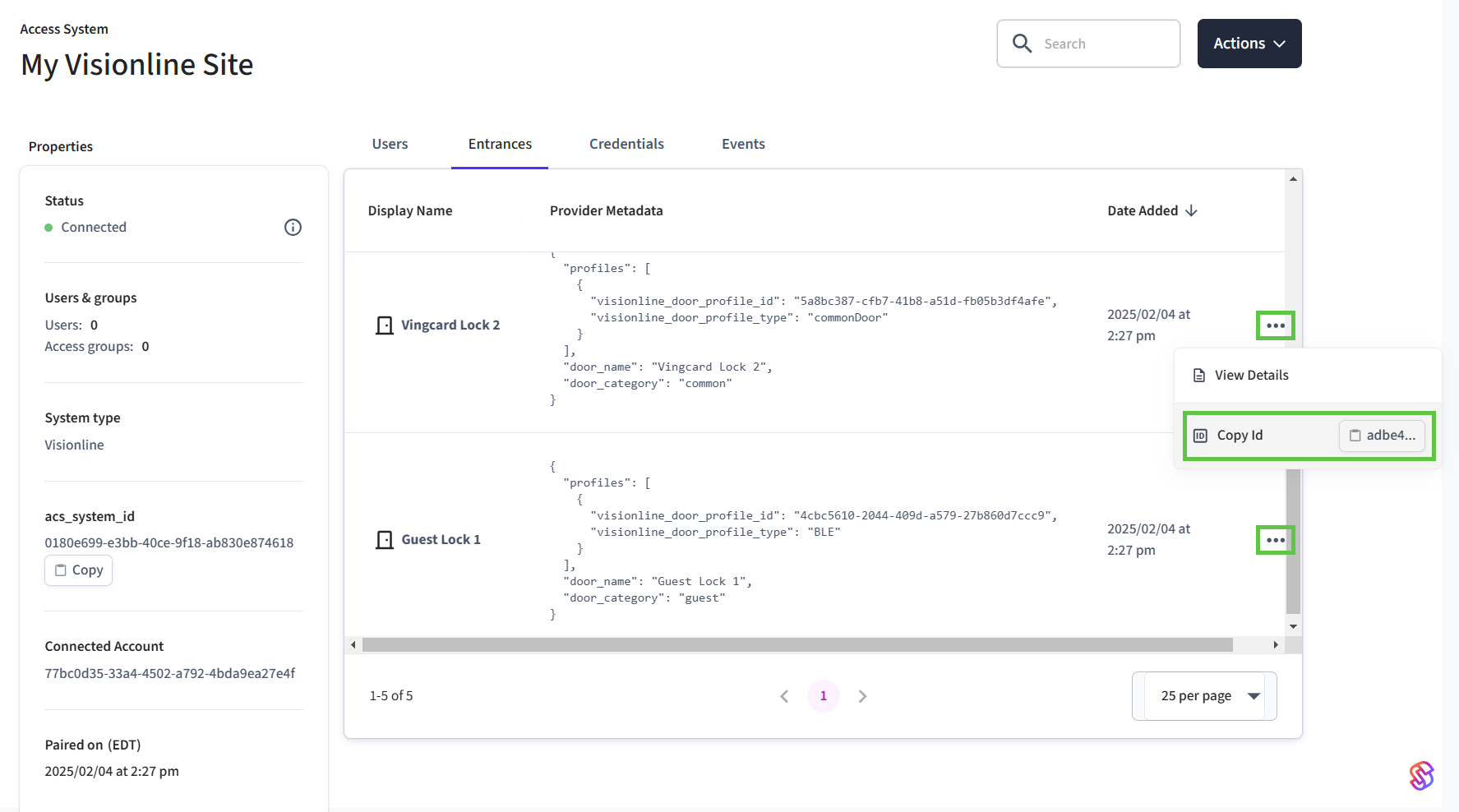 Copy the IDs for the Vingcard Lock 2 and Guest Lock 1 entrances.