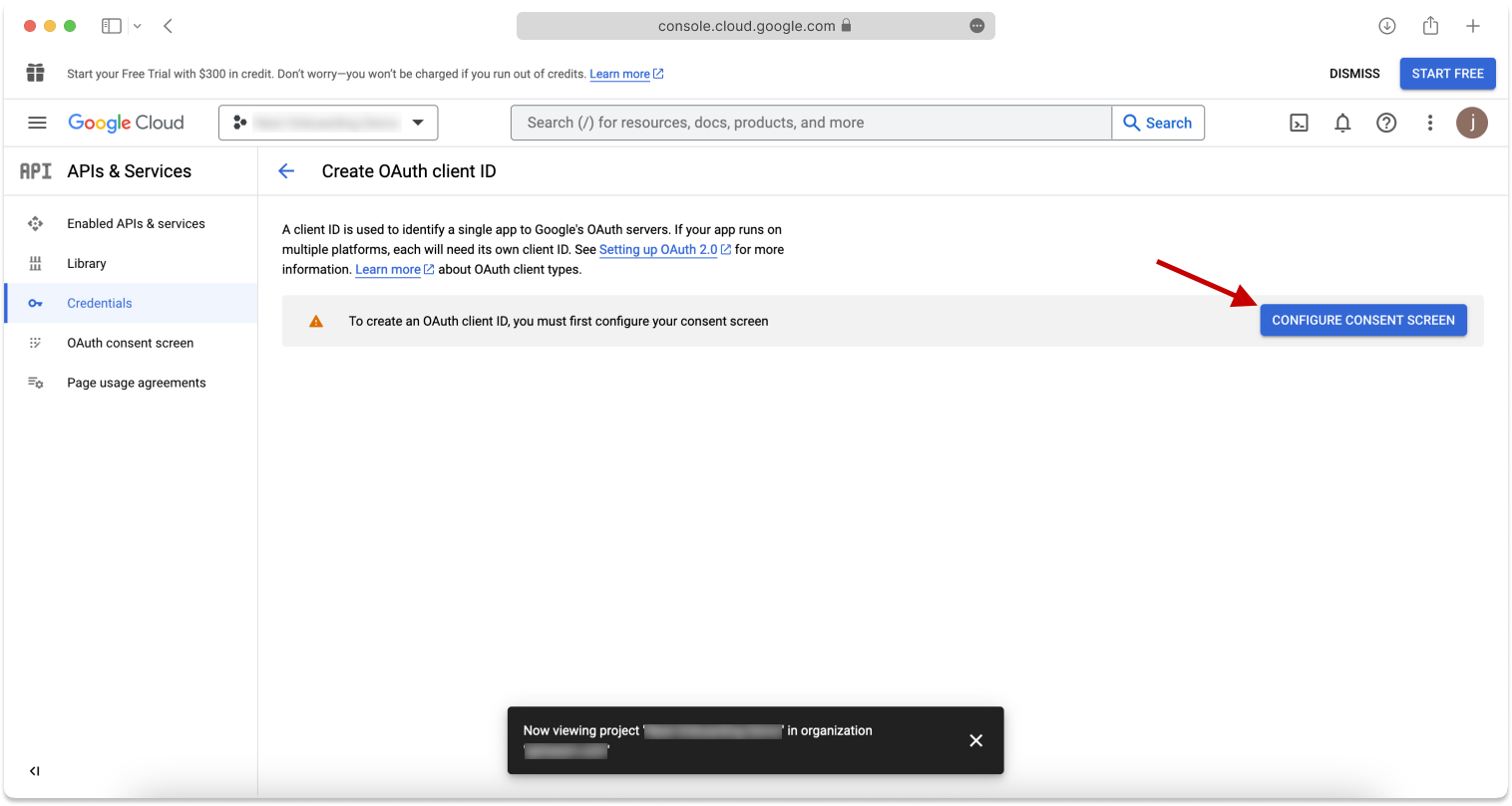 On the Google Cloud Create OAuth client ID page, click Configure Consent Screen.