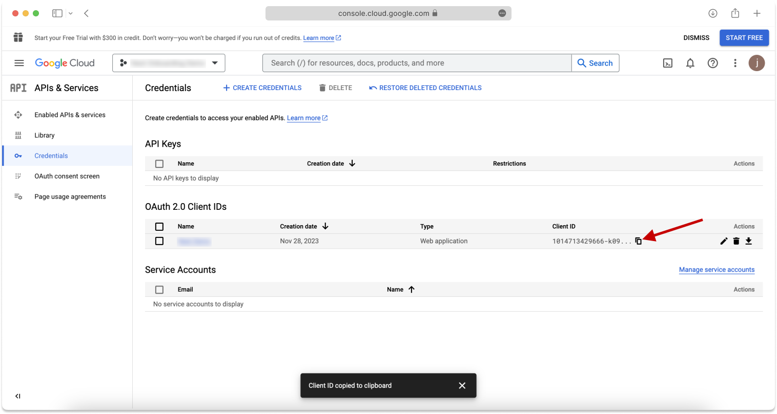 In the OAuth 2.0 Client IDs area on the Google Cloud Credentials page, click the copy button in the row that represents the client ID that you created.