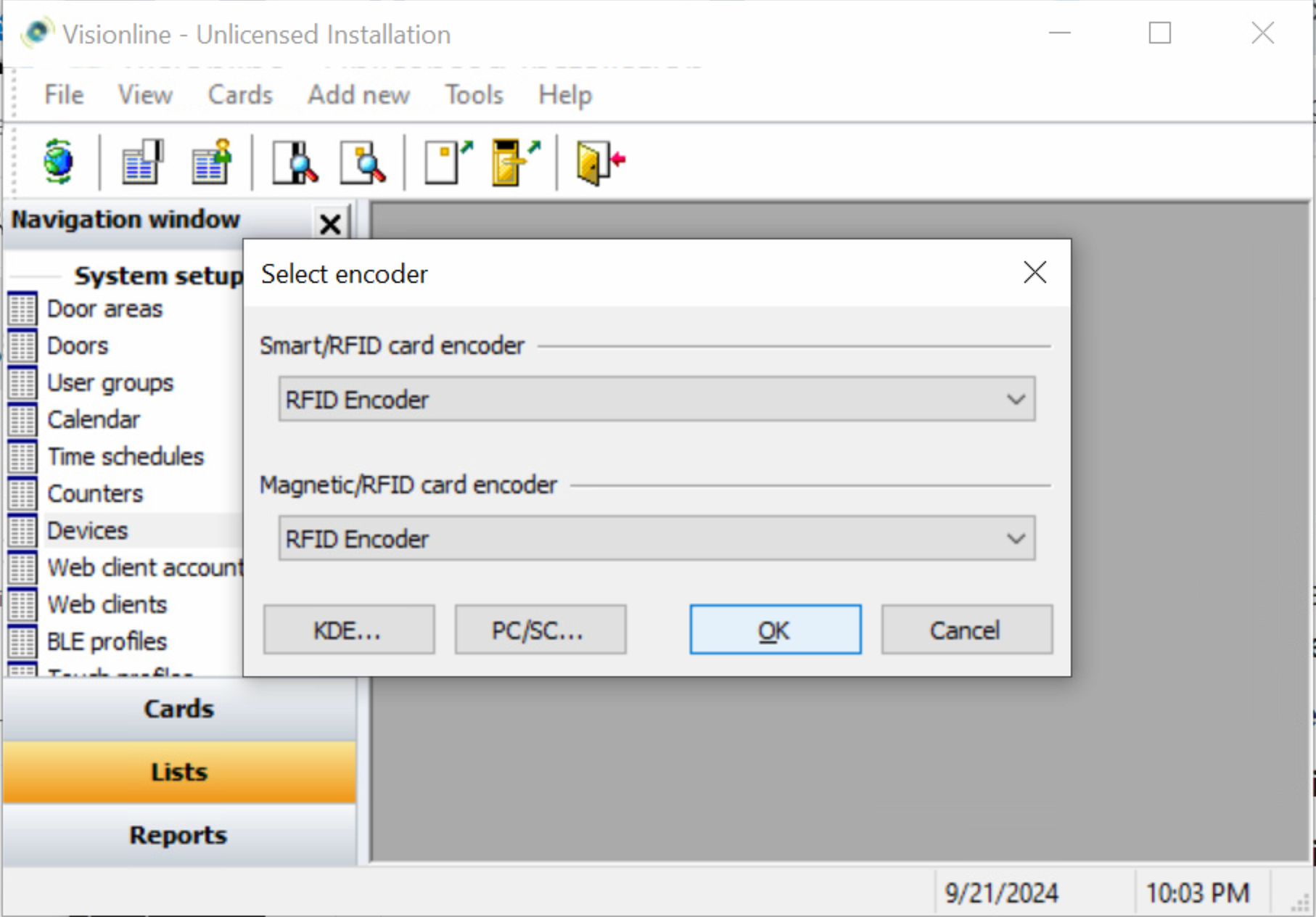 Select the card encoder that you want to use.