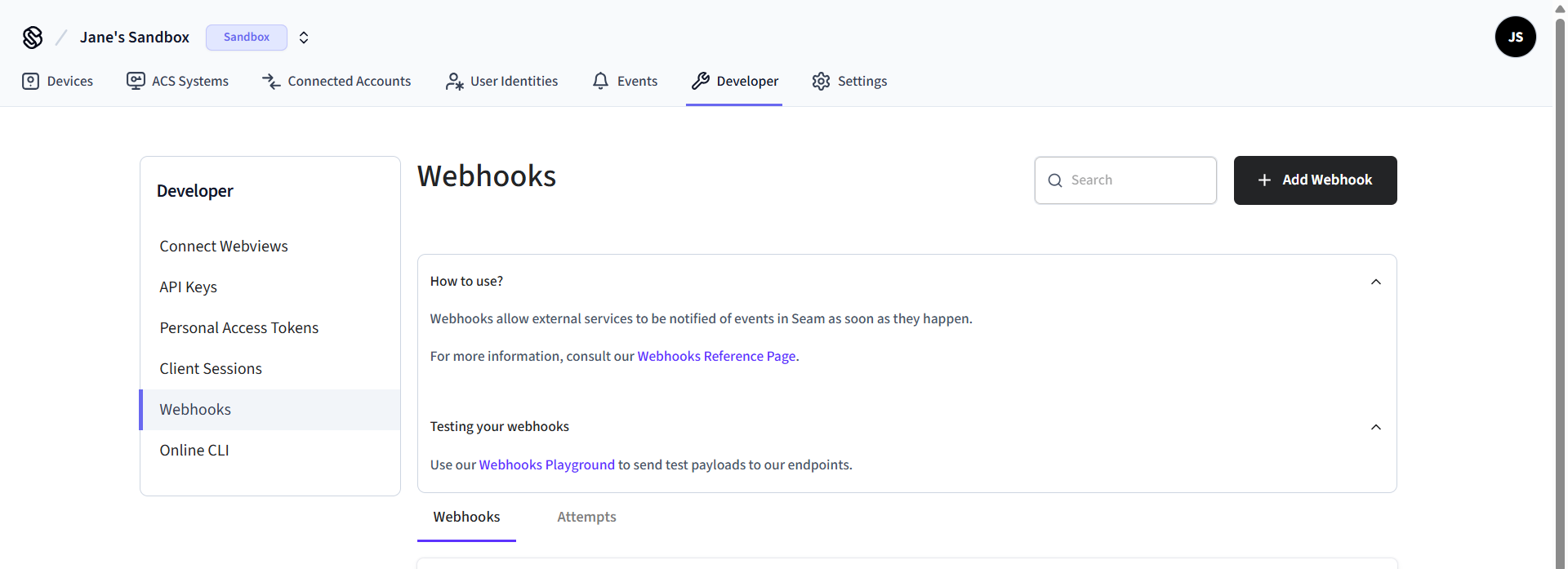 Use the webhooks playground to test events.