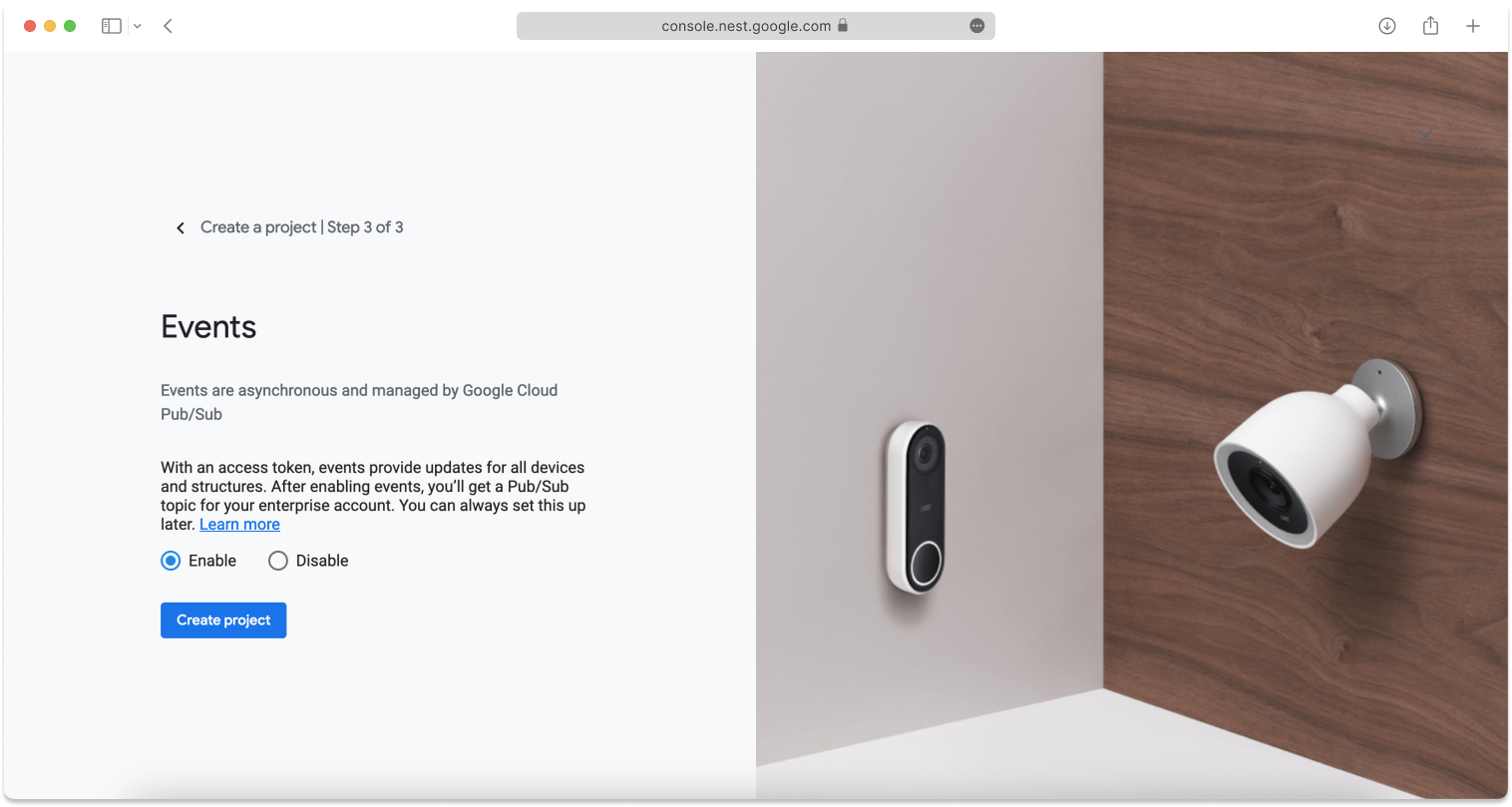On the Events page, click Enable and then click Create project.