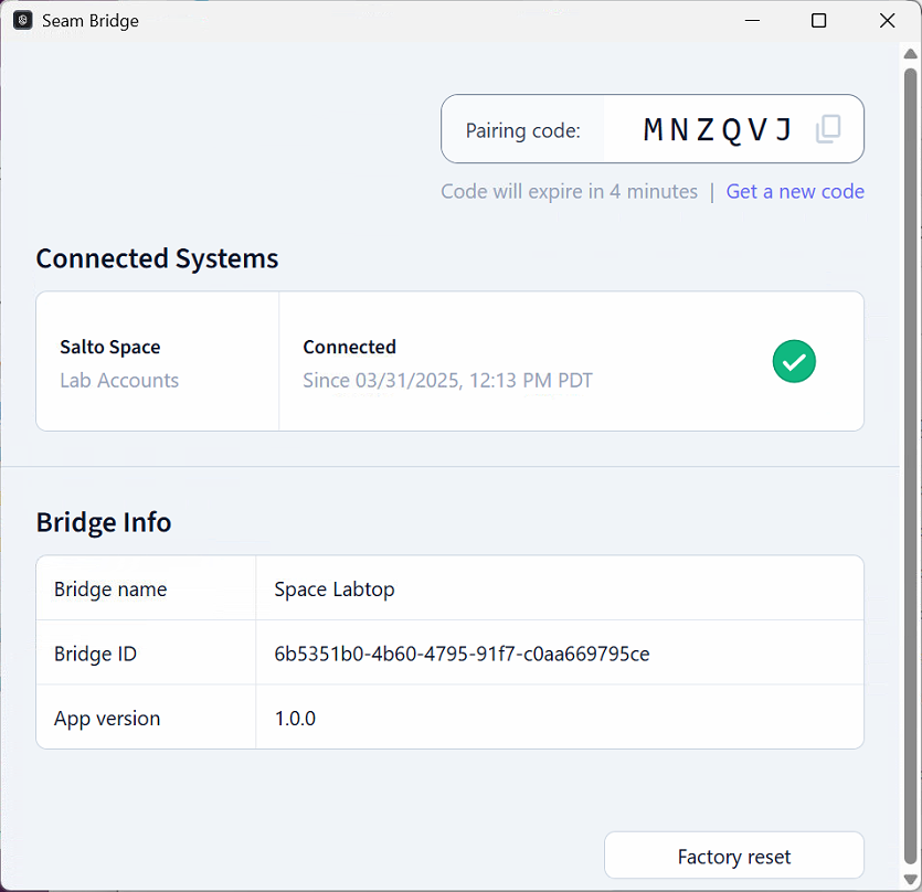 Seam Bridge displays information about the connections to on-premises access systems.