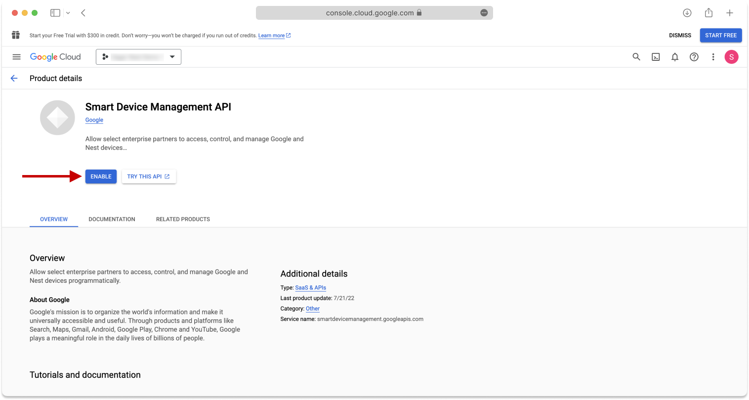 On the Product details page for the Smart Device Management API, click Enable.