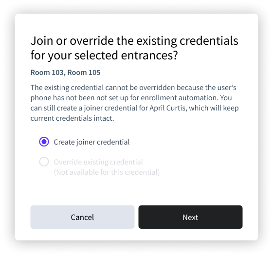 In the Seam Console, we disable the Override option when a user identity has not set up their phone to receive Visionline credentials.