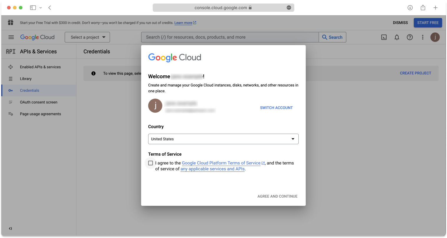 Select your country, select the checkbox to agree to the Google terms of service, and then click Agree and Continue.