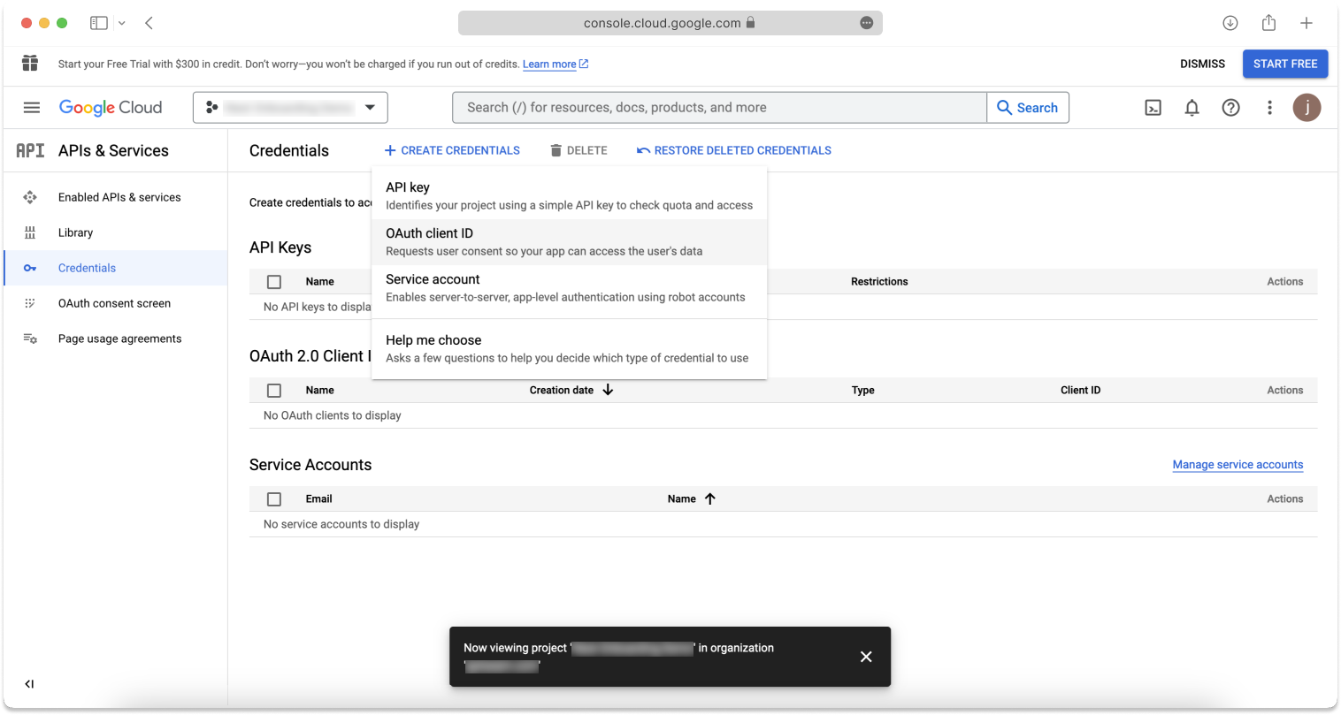On the Google Cloud Credentials page, click Create Credentials > OAuth client ID.