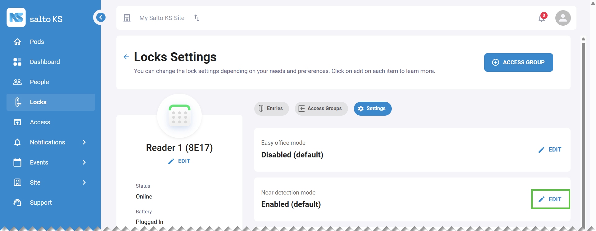 On the Lock Settings page, in the Near Detection Mode area, click Edit.