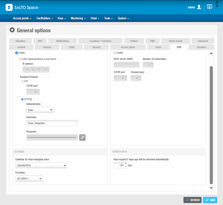 In the Salto Space SHIP settings, specify a username and password for the integration with Seam.