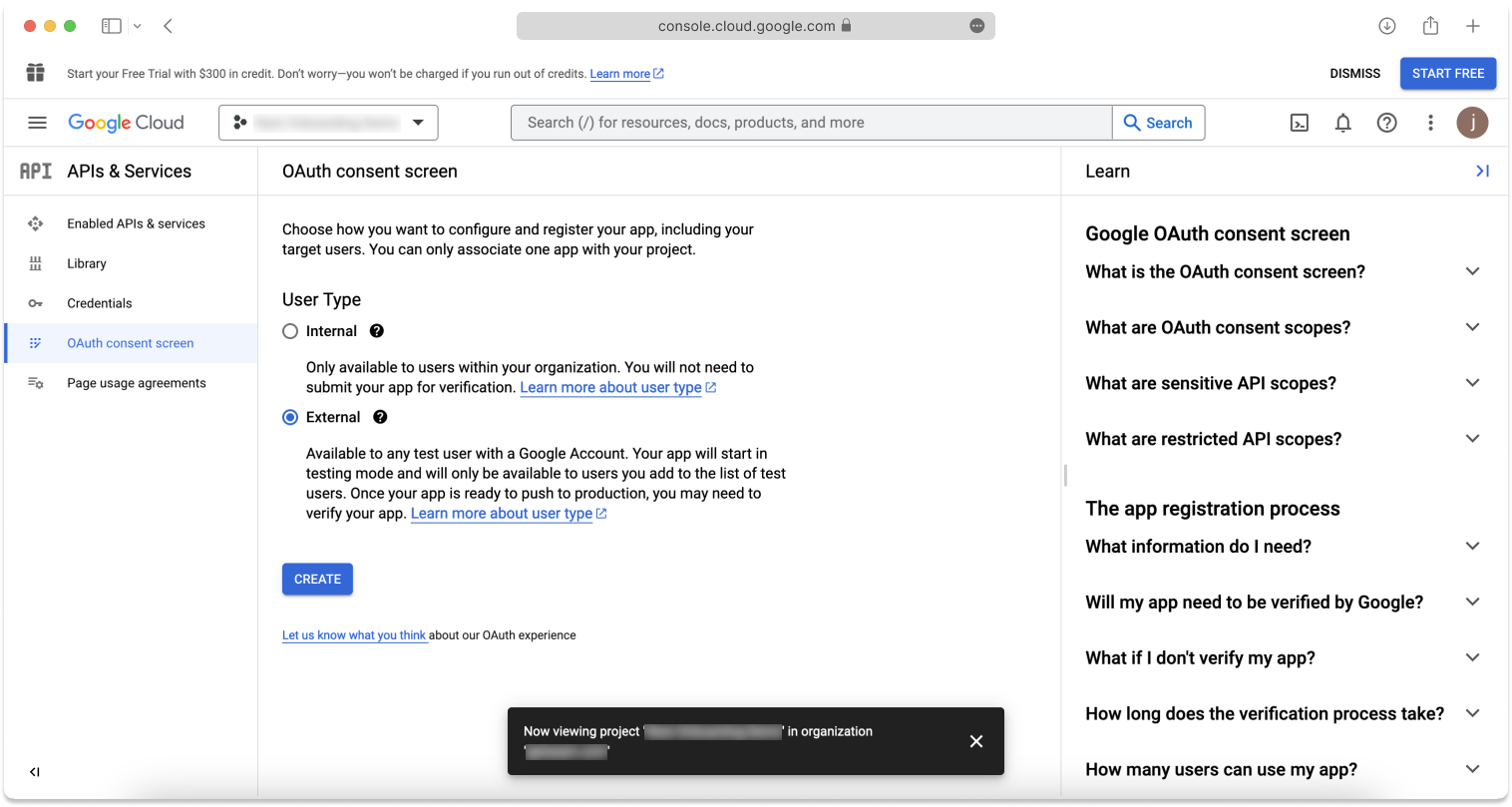 On the Google Cloud OAuth consent screen page, select the External user type and then click Create.