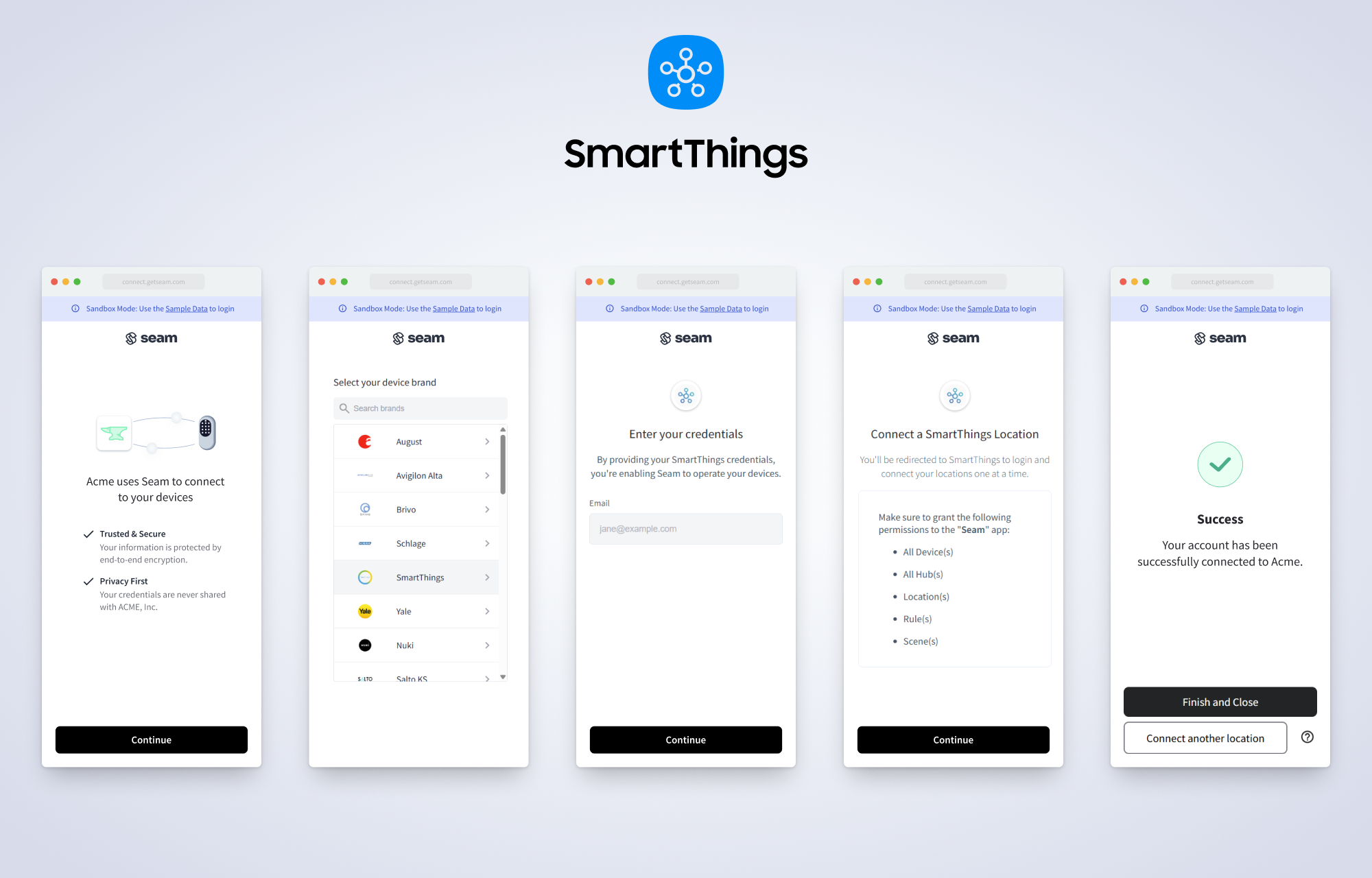 Use the Seam Connect Webview authorization flow to connect a SmartThings account with Seam. This flow varies slightly based on the device manufacturer.