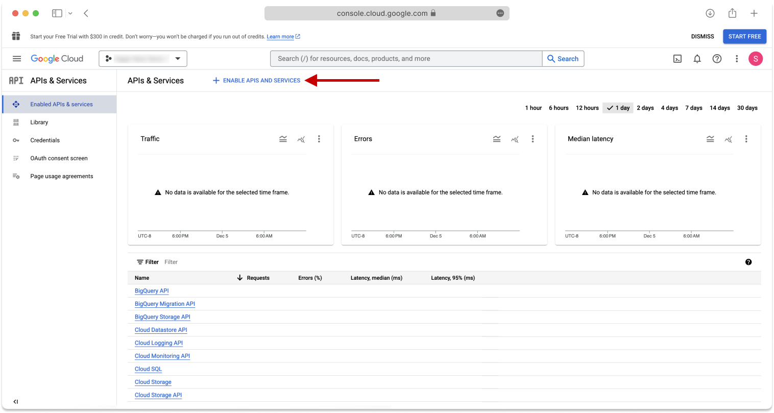 In the left navigation pane of the Google Credentials page, click Enabled APIs & services and then click Enable APIs and Services.