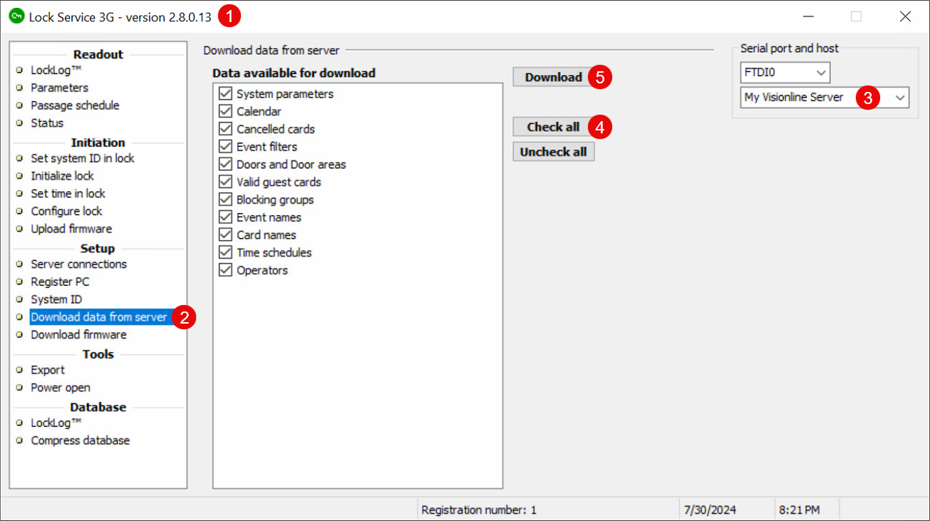 Download the door lock data from the Visionline server to Lock Service 3G.
