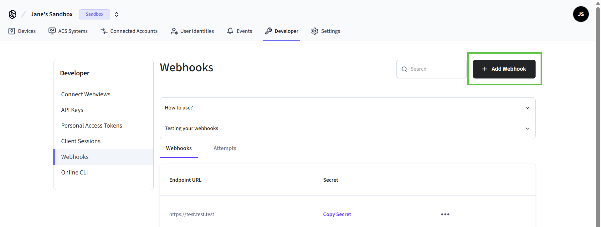 On the Webhooks page in the Seam Console, click + Add Webhook.